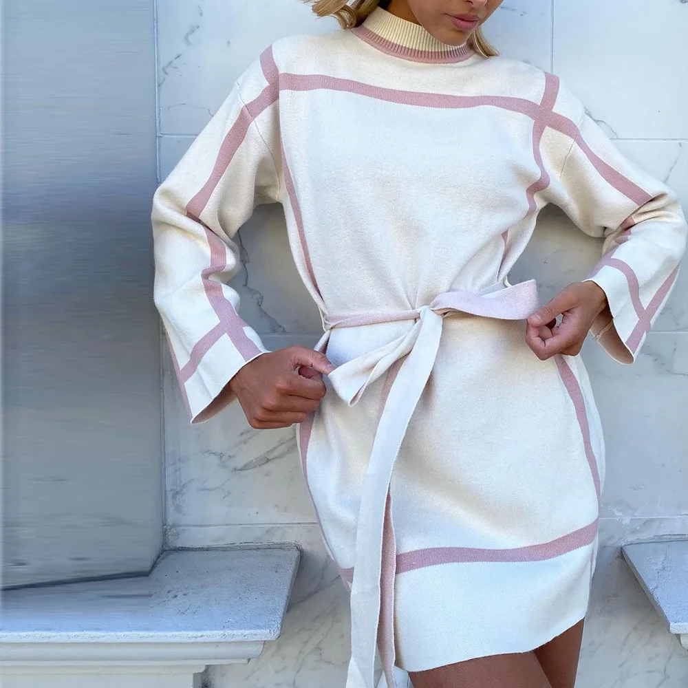 

Новинка 2021, яркое вязаное платье-свитер с поясом в европейском и американском стиле, зима