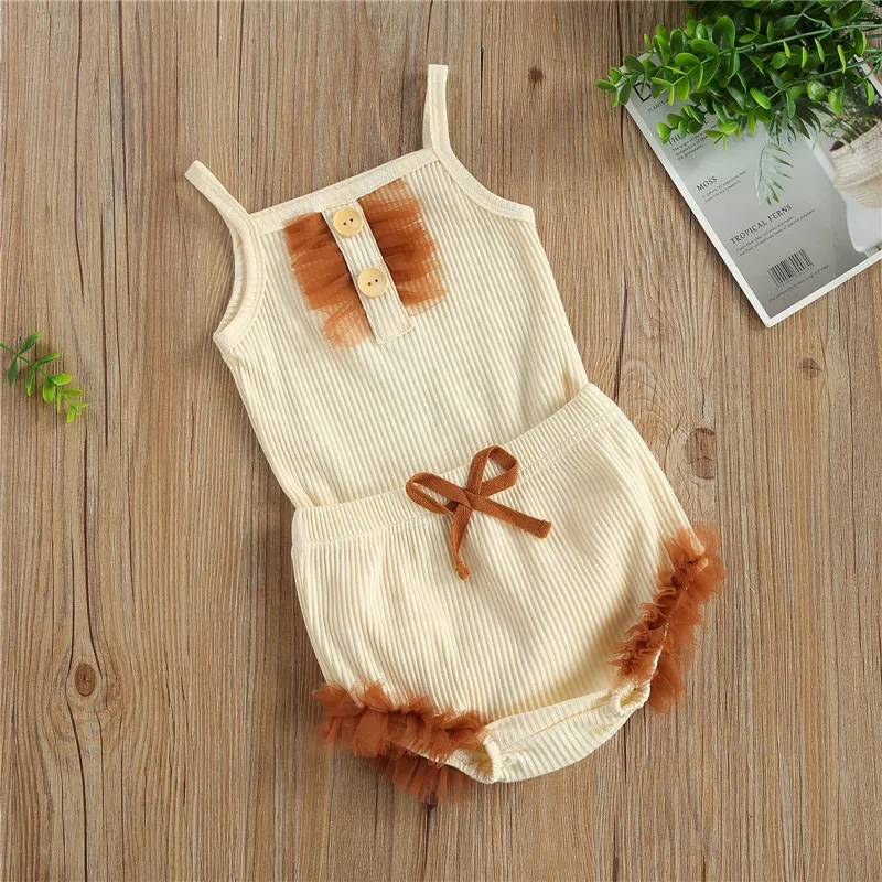 

Baby Girl Summer Casual Clothing Two-Piece Outfits Mesh Decoration Sleeveless Sling Romper Shorts for Birthday Party Photography