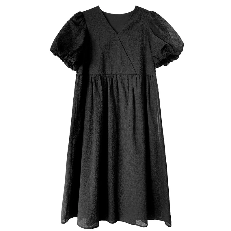 

GALCAUR Temperament Black Dress For Women V Neck Puff Short Sleeve Loose Waist A Line Midi Dresses Female Summer Clothing Style
