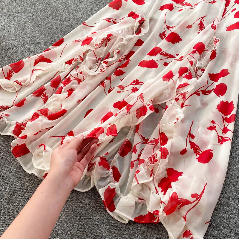 

Sexy Chiffon Two Piece Set Women Autumn Boho Chic Vacation Beach Short Tops And Ruffle Irregular Long Skirt Female Print Set New