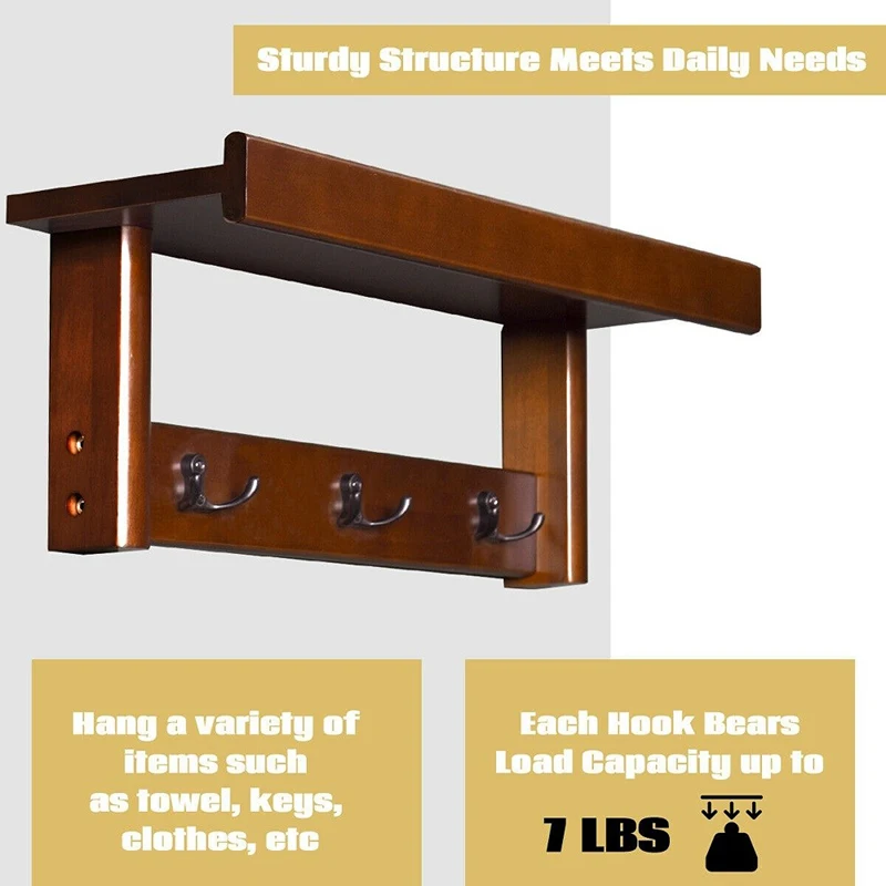 

2 In 1 Design Entryway Hanging Wood Coat Rack 3 Double Metal Hooks Higher Durability Smooth Surface Rubber Wood Storage Holders