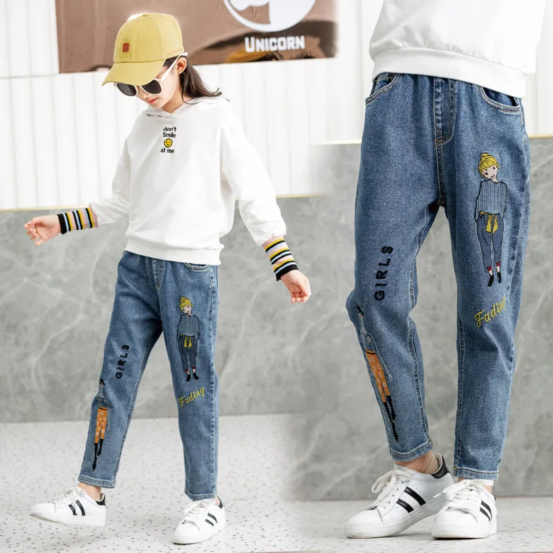 Джинсы женские с эластичным поясом повседневные штаны из денима мультяшным