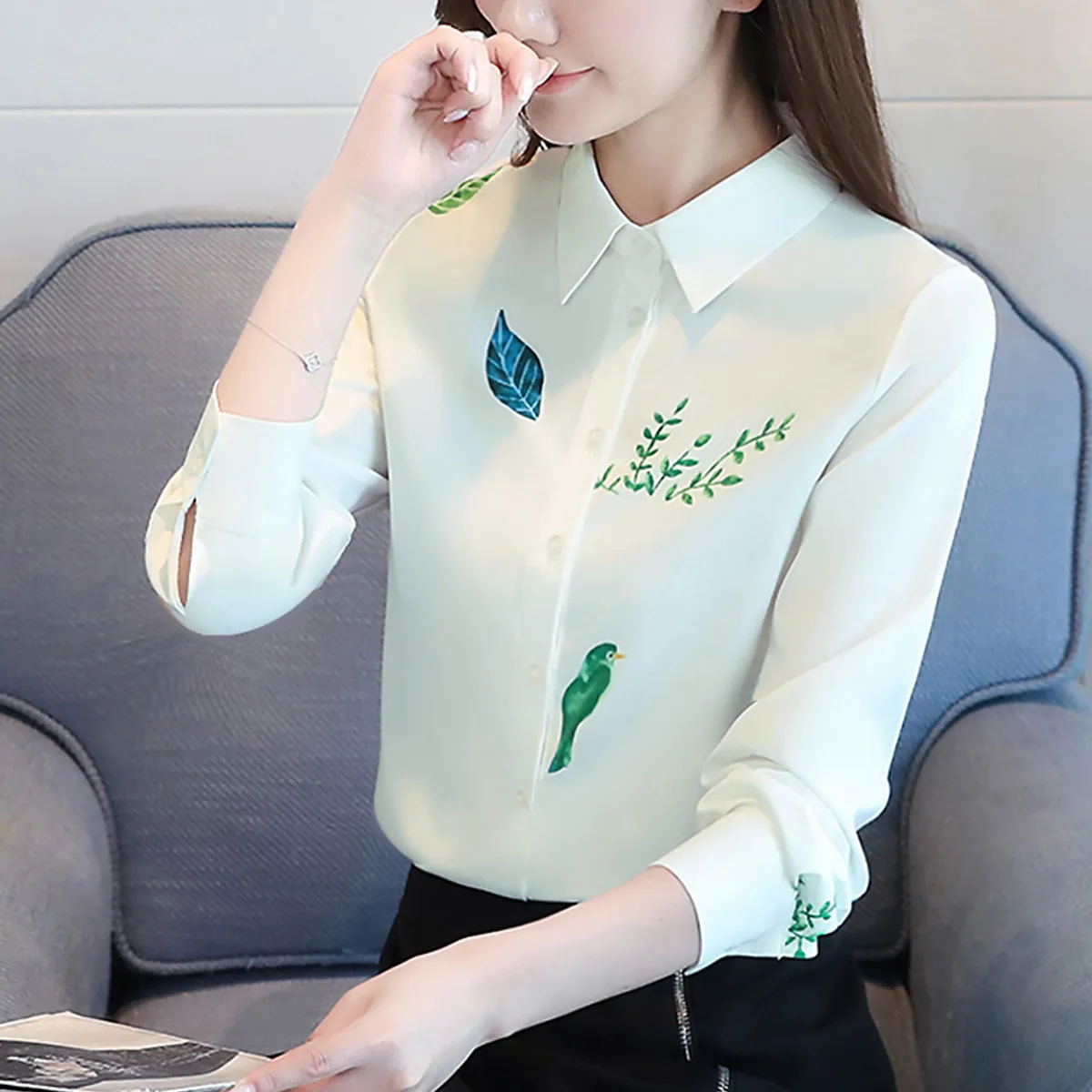 

Chiffon Loose Women's Shirts New Fashion Blouses Casual Long Sleeve Blusas Printing Polo Collar Shirts Autumn Houthion