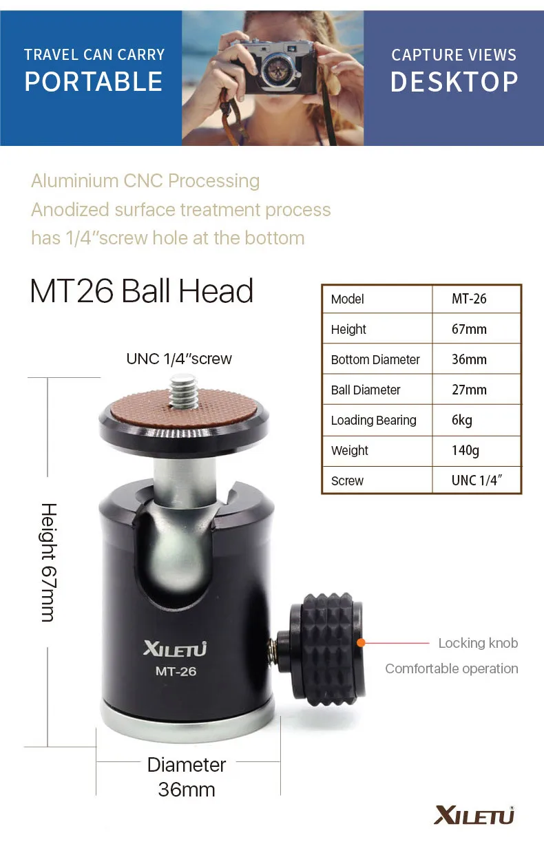 XILETU MT26+ XT15 алюминиевый сплав Настольный кронштейн Мини Настольный Штатив с шаровой головкой для DSLR камеры беззеркальной камеры смартфона