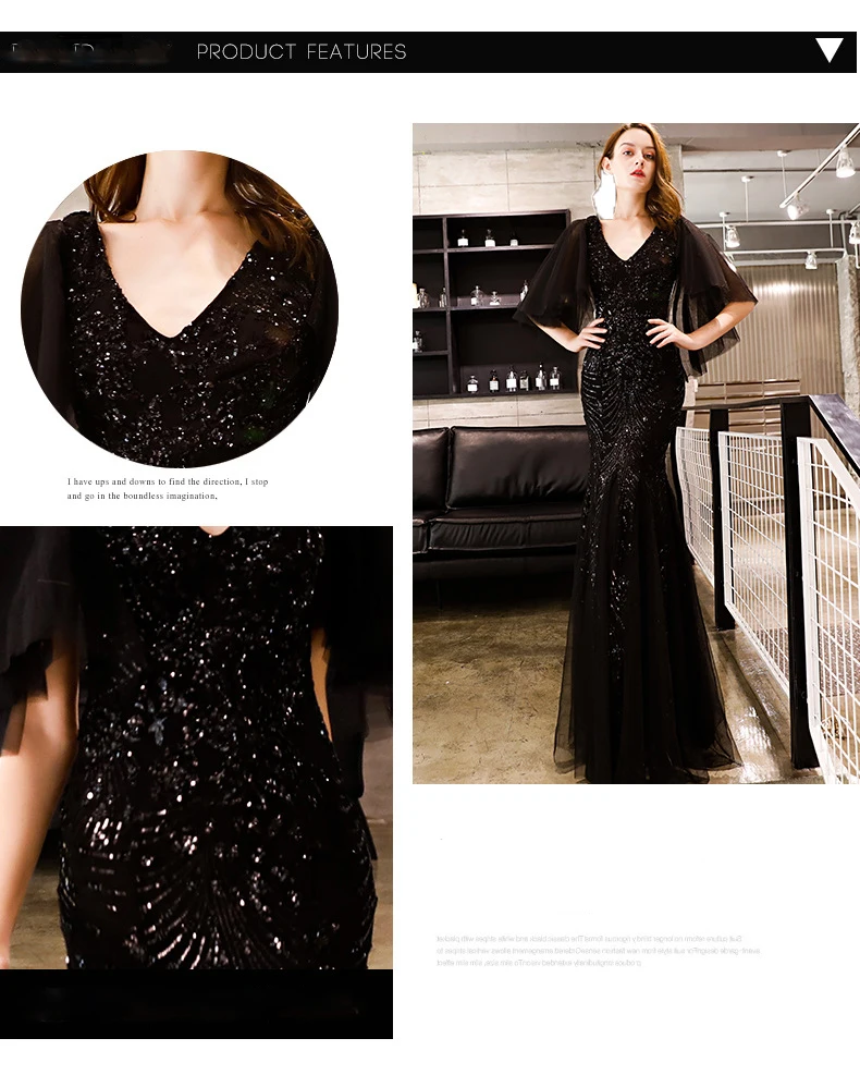 

Black Long Evening Dress Sequined Half Sleeve Mermaid Sexy Backless Slim Fashion Formal Women Prom Gown Dresses Robe De Soiree