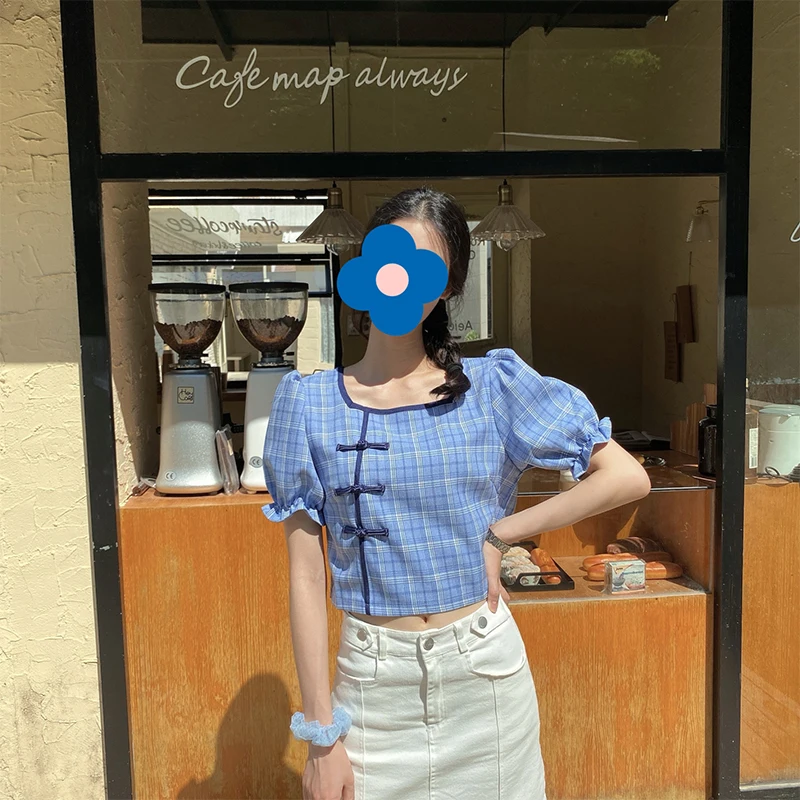 

Women's Crop Blouses Tops Slim Plaid Retro Oriental Style Shirt For Ladies Elegant Short Sleeve 2021 Summer Square Collar Blusas