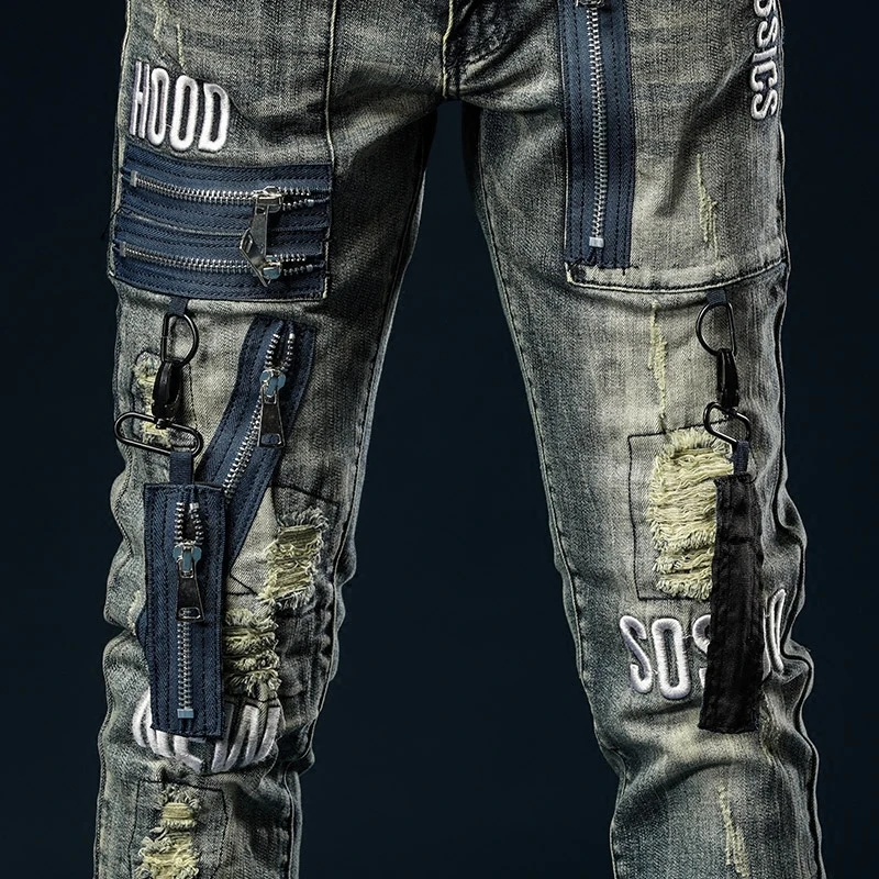 

Multi Jeans Zipper Men Biker Punk Rock Denim Trouser Men Slim Fit Denim Rip Biker Jeans Mens Embroidery Motorcycle Jeans Men
