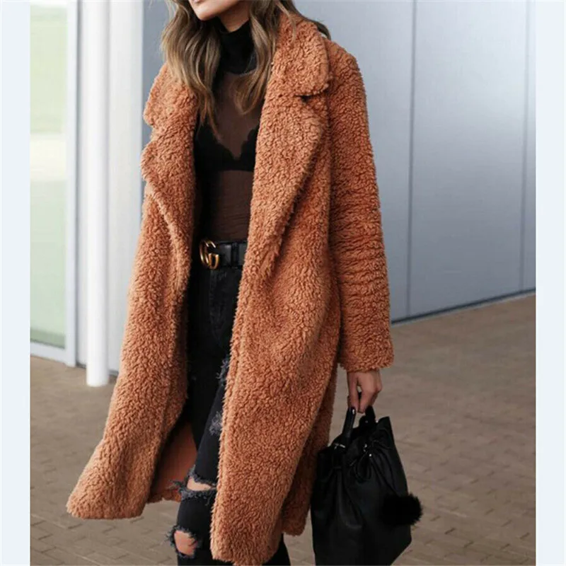 

Winter Women Teddy Bear Fur Coat Ladies Knee Long Vintage Jacket Outwear Top