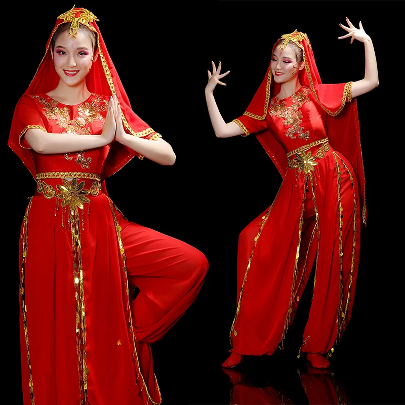 

Женский танцевальный костюм Синьцзяна в этническом стиле, красный костюм с коротким рукавом для народных танцев, Одежда для танцев на сцене...
