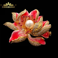 dream fancy style enameled petal micro pave cz pink lotus flower brooches gold tone centered mother of pearl blossom lotus pins