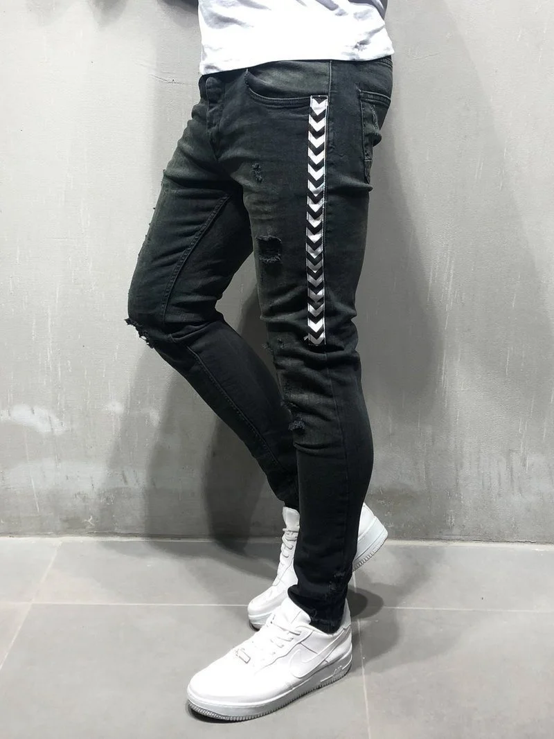 Men Skinny jeans New Fashion Side Stripe Destroyed raw Denim Pencil casual pants | Мужская одежда