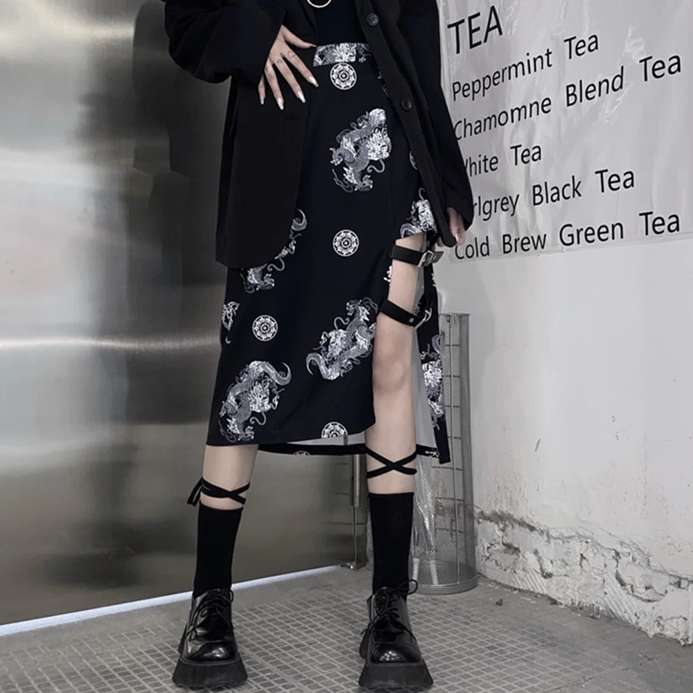 

Dark Icon Dragon Irregular Hemline Women Skirt Side Split Girl Student Skirts