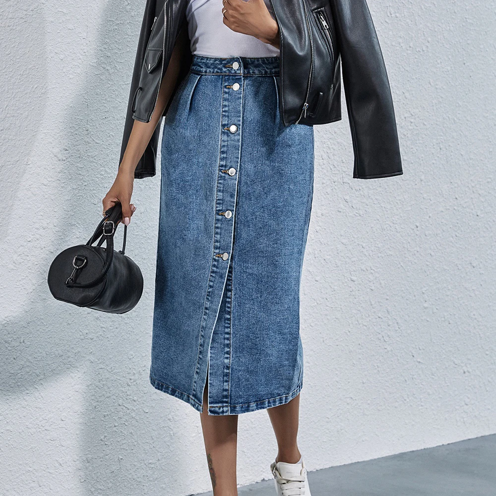 

Blue Denim Midi Skirt 2021 Summer Women High Waisted Button Up With Pockets Ladies Washed Vintage Streetwear Slit Jean Skirts