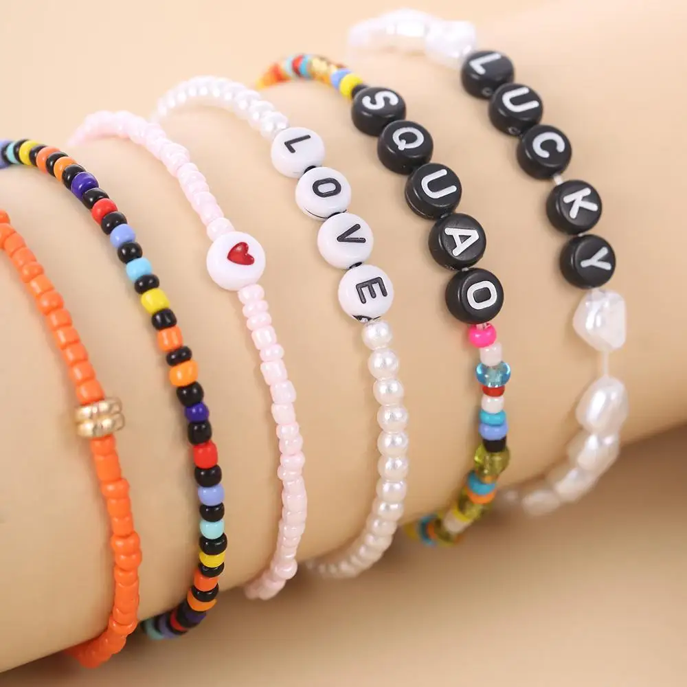

IngeSight.Z 6Pcs/Set Rainbow Colorful Seed Bead Bracelets Bangles Boho Imitation Pearl Cute Heart Bracelet Wrist Chain Jewelry