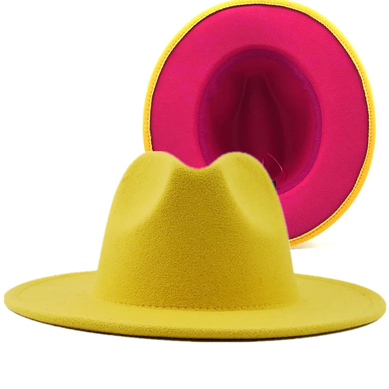 

Двухцветная шерстяная винтажная фетровая шляпа, элегантная джентльменская шляпа с широкими полями желтого, розового, красного цветов для л...