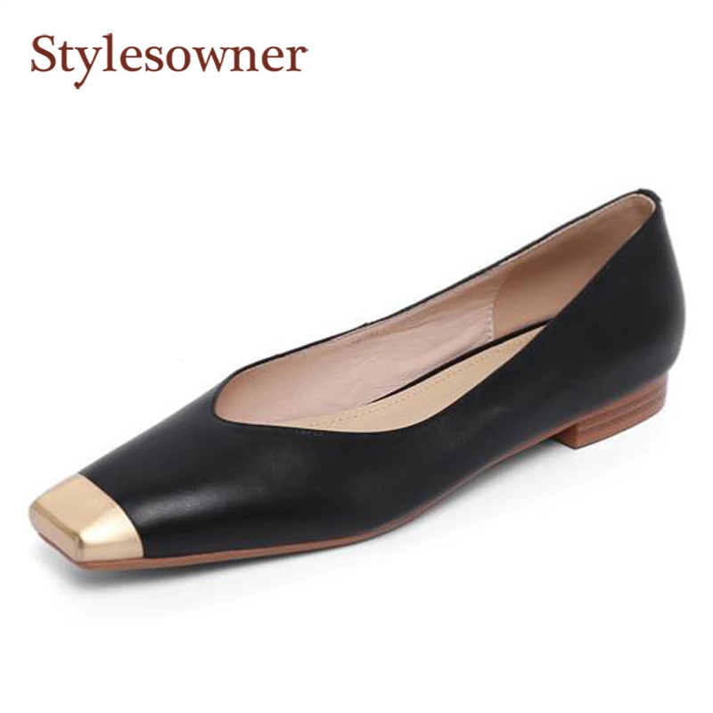 

Apricot simple personality metal square-toe shallow mouth flat shoes spring 2021 new Korean style single shoes women