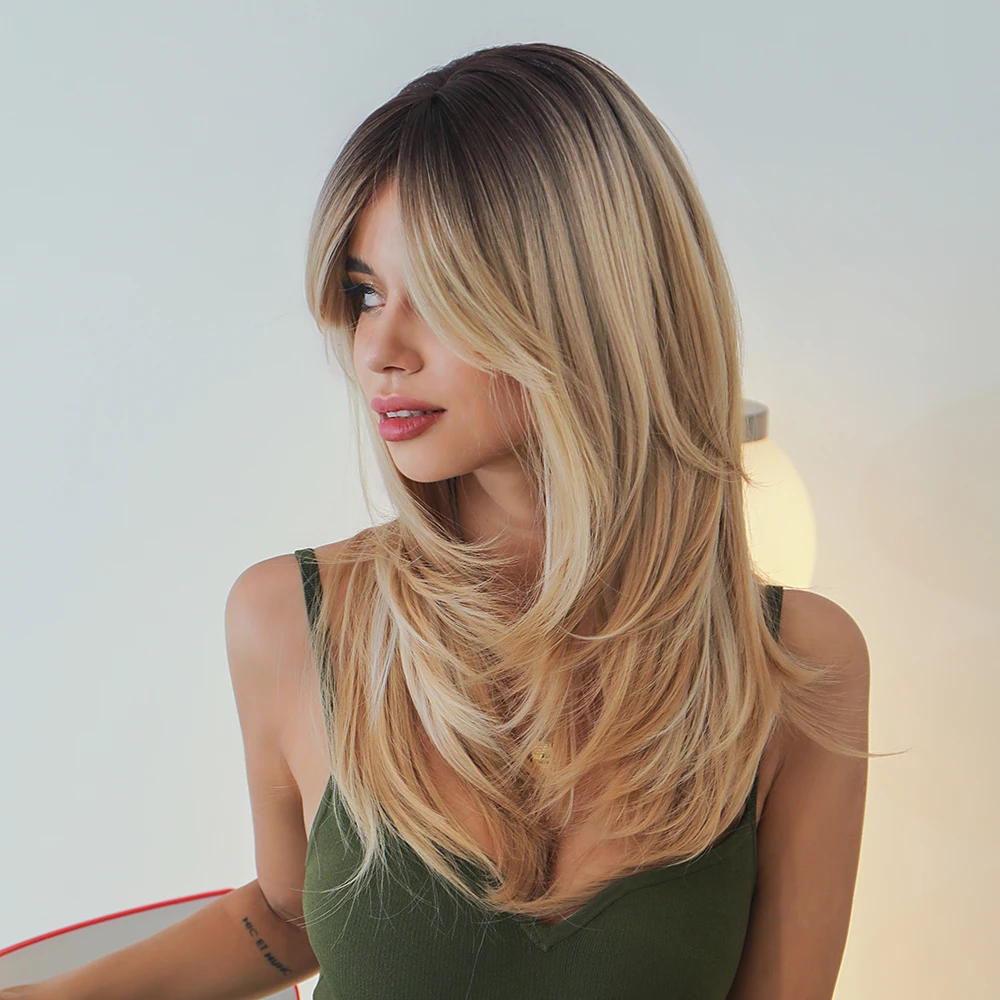 Emmor Fashion Synthetic Wig for Women Ombre Dark Brown to Blonde Hair Wigs Heat Resistant Fiber |