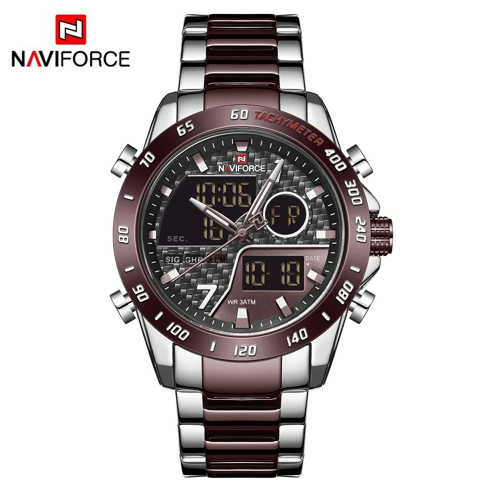 Silver Coffee NAVIFORCE, мужские часы, модные, спортивные, кварцевые, светодиодный, цифровые часы, мужские, s, военный хронограф, наручные часы, Relogio Masculino - Цвет: Silver Coffee