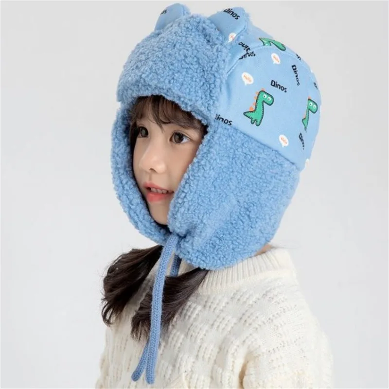 

Autumn Winter Baby Hat Knitted Cartoon Dinosaur Kids Bonnet Cap Coral Velvet Beanie Solid Candy Color Children Warm Hats Caps