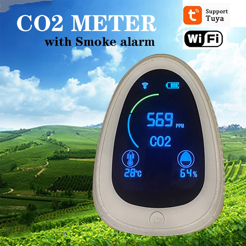 

5 IN 1Tuya WiFi Smart CO2 Detector Air Quality Monitor Real-time TEMP HUM Indoor Air Quality Meter Tester with Smoke alarm