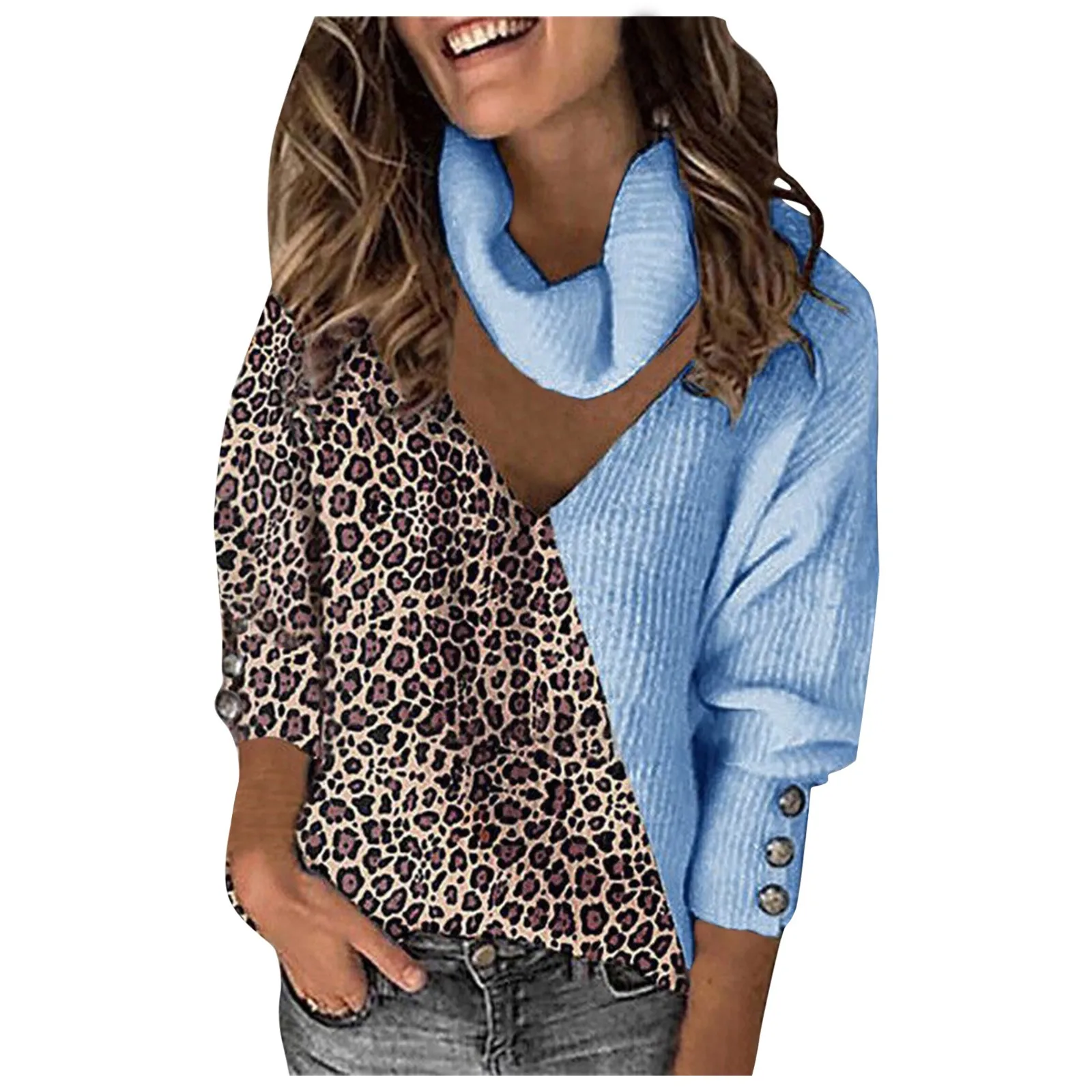 

Women's Leopard Color Blocking Temperament V-neck Loose Bib Hollowed Out Sweater Top Autumn And Winter New Blouse