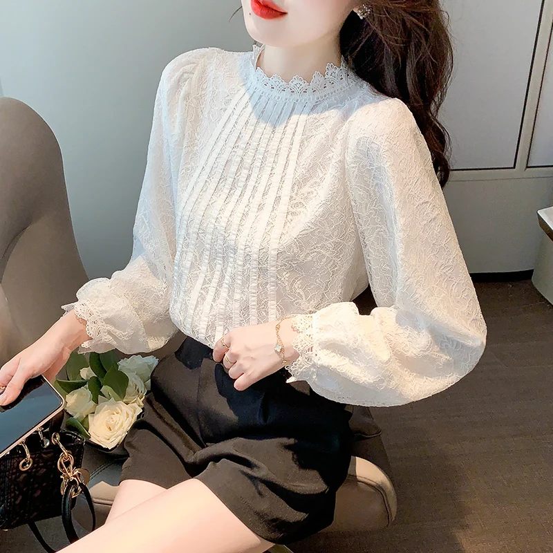 

Women Shirts Blouses Solid Ladies Tops Stand Collar Lantern Sleeve Lace Sexy Blouse Basic Women's Clothing Long Sleeve Top Women