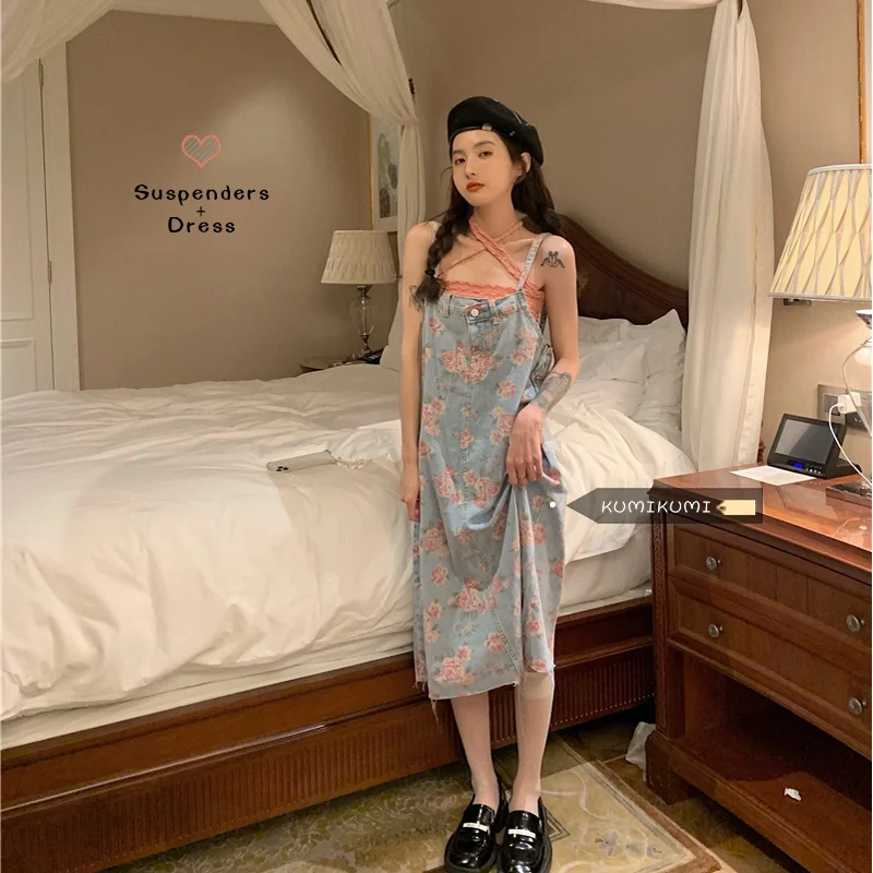 

Dress Design Sense Floral Suspender Skirt Women's Denim Dress Summer Small Man Wear Suspender Skirt