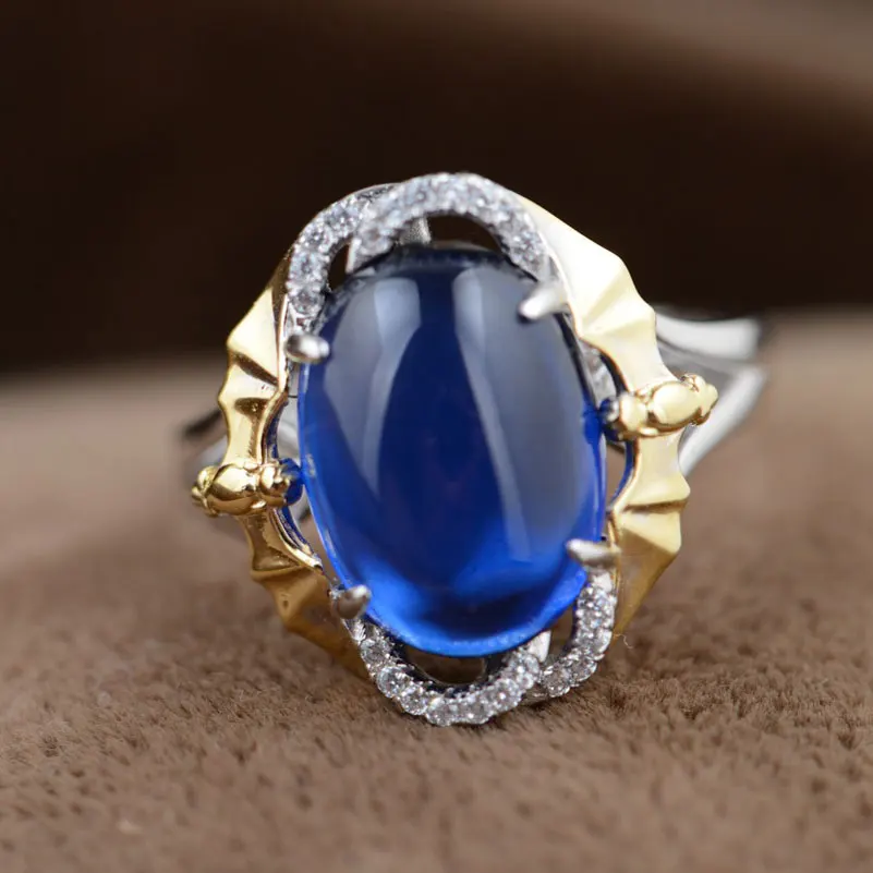 

FNJ 925 Silver Big Ring Original S925 Sterling Silver Rings for Women Jewelry Adjustable USA Size Blue Corundum Stone