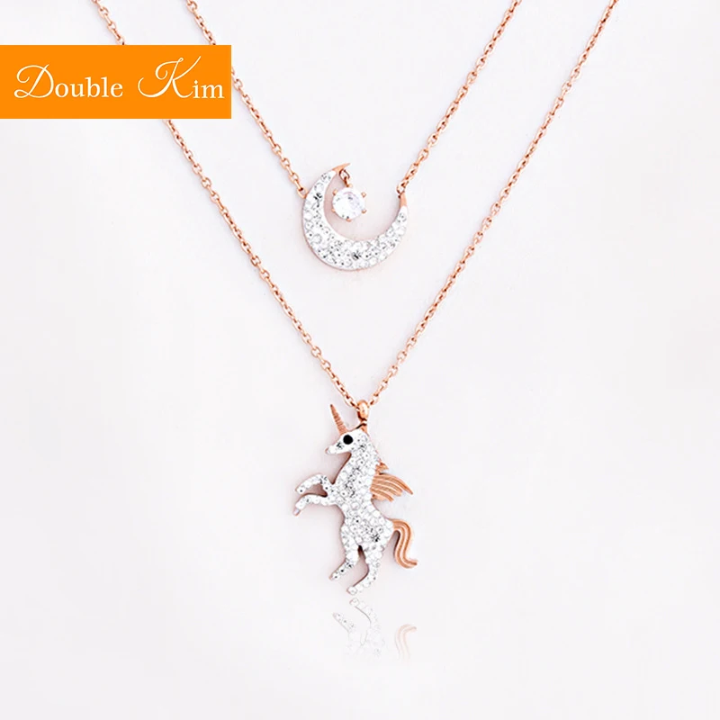 Ожерелье с подвеской в виде единорога Луны циркона цепочка из титановой стали