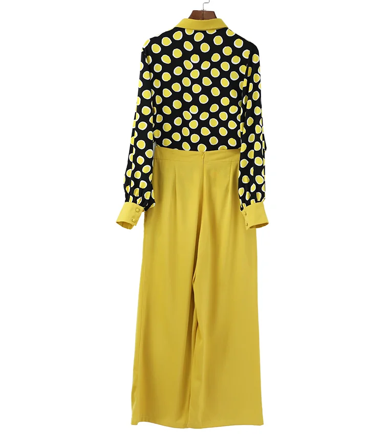 High Quality Women's Set 2020 Summer Fashion Ladies Turn-down Collar Polka Dot Print Tops Shirt +High Waist Split Yellow Pants