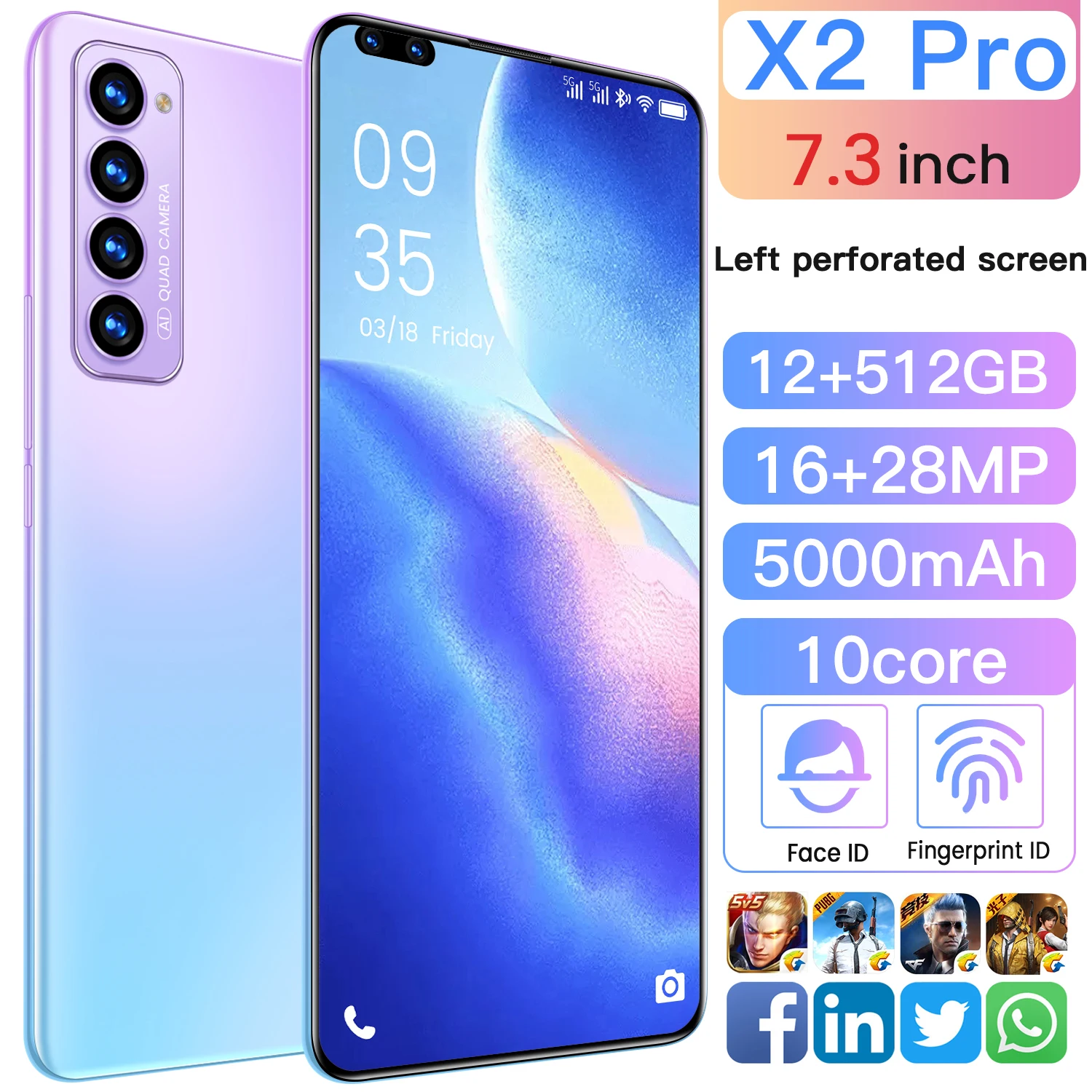

Global Version X2Pro Smartphone 7.3 Inch 5000mAh 12+512G Support Face Unlock Dual SIM 4G LTE 5G Network Android Cellphone