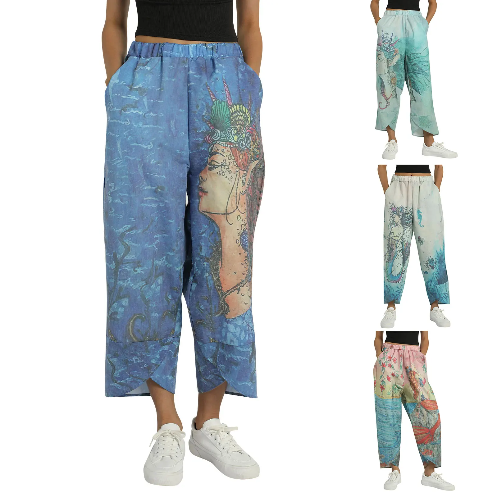 

Женские длинные брюки с асимметричным подолом, свободные брюки с принтом русалки и эластичным поясом с карманами