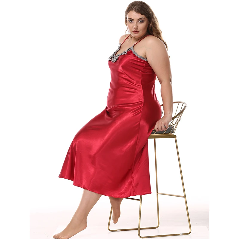 Factory Outlet Satin Silk Nightdress Women's Big Size Imitation Silk Nightgowns Lace Sexy V-Neck Sling Long Sleeping Dress 95051
