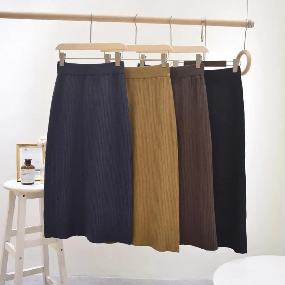 

Hot Women Autumn Winter Solid Color Elastic High Waist Sliming and Fit Knitted Midi Skirt