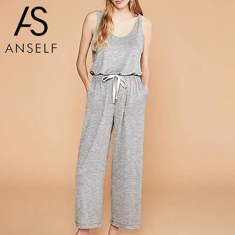 Женский комбинезон однотонный на завязках без рукавов с высокой талией и