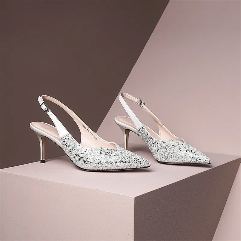 Meotina/женские туфли лодочки на высоком каблуке блестящие шпильке с петлей пятке