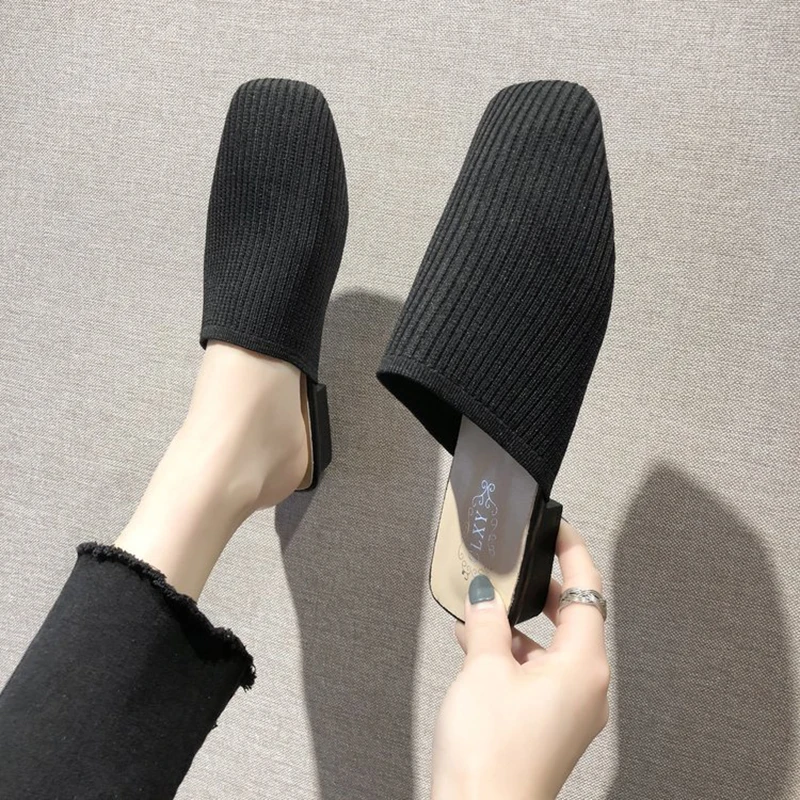 

Square Toe Stretch Slippers Low Block Heel Slip On Casual Comfort Lazy Lady Shoes Flats Spring Summer slippers women