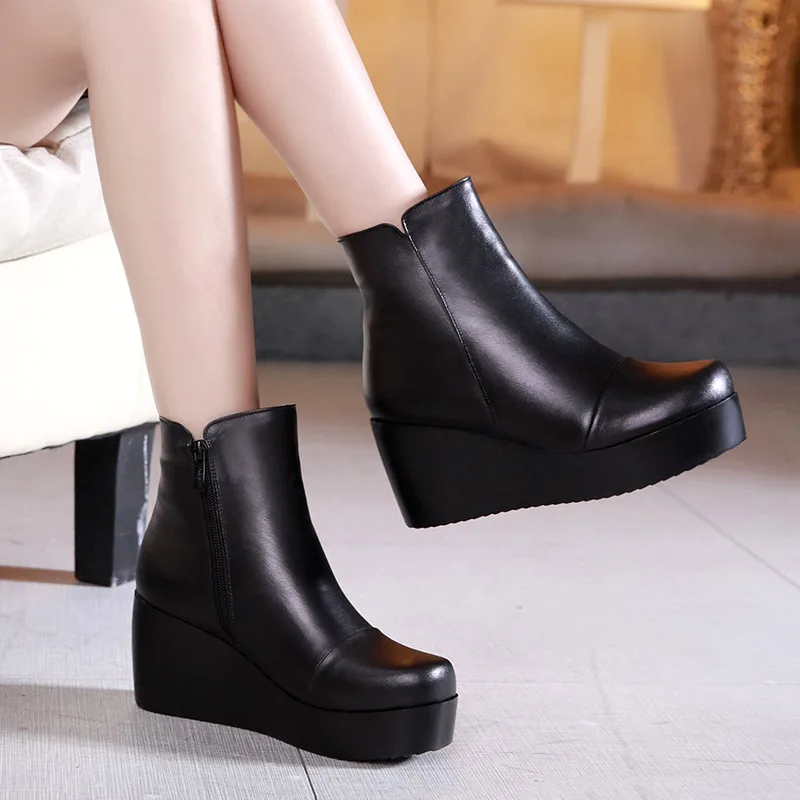 

TIMETANG 2020 Genuine Leather Autumn Winter Boots Shoes Women Ankle Boots Woman Wedge Boots Women Boot Platform Shoes Warm