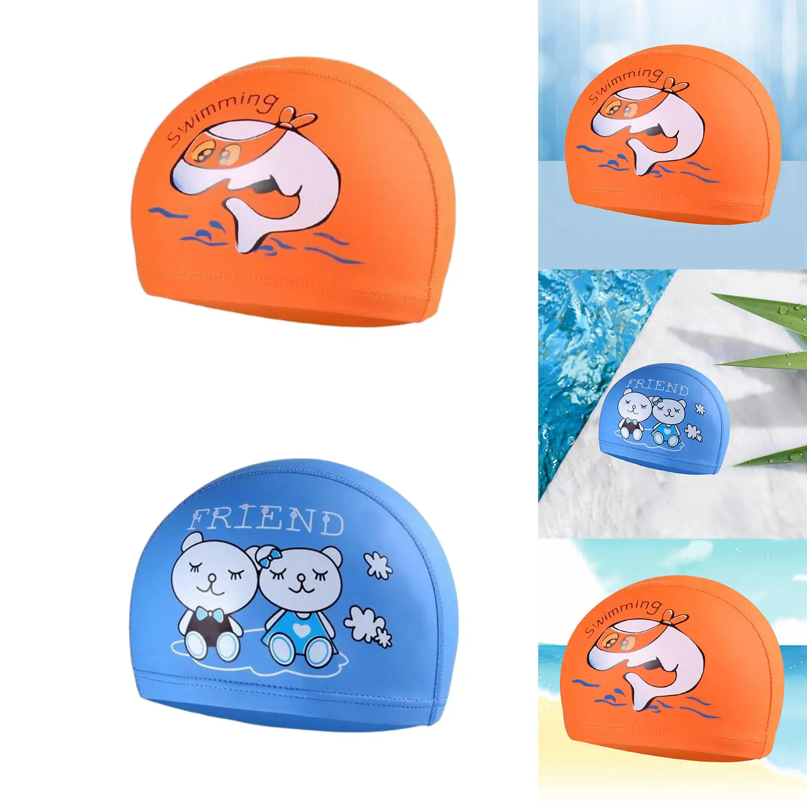 

2x Swim Kids Bathing Swimming Hat Girl Boy Animal Print Orange Dolphin