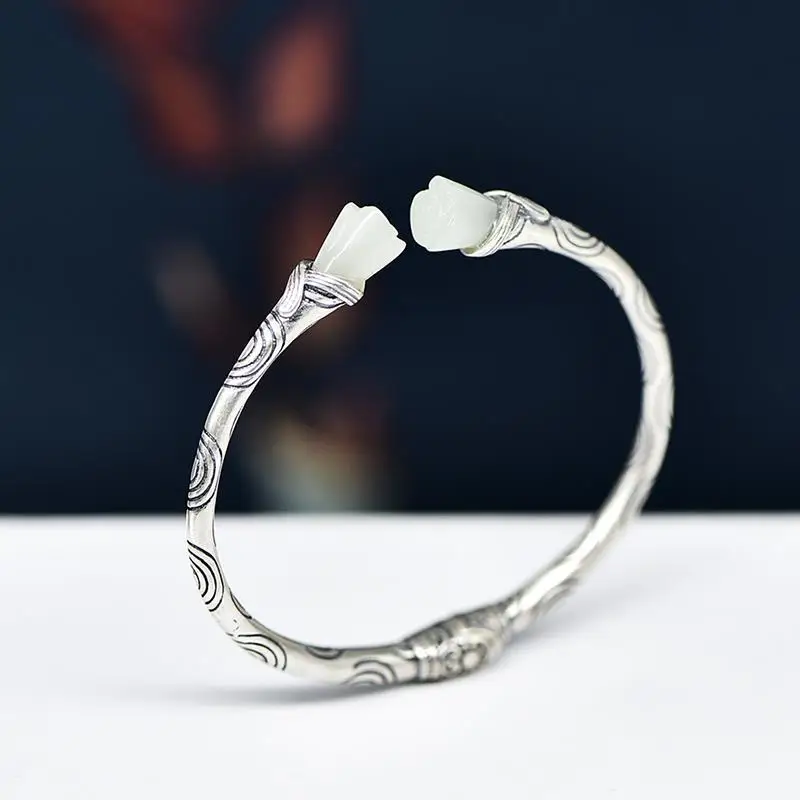 

Hetian Jade Silver Bracelet Female S925 Sterling Silver Vintage Silver Jewelry National Style Hand Jewelry Solid Elastic Open Fa