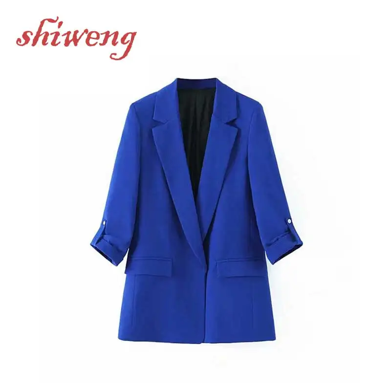 

Women's Suit Top Early Spring Autumn New European American Temperament Ol Sleeves Blue Waist Professional Slim Jacket Female