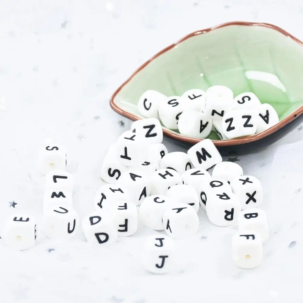 Cuentas de letras de silicona de 12 MM para mordedor de beb&eacute;, abalorios para nombre personalizado, cuentas de alfabeto para masticar roedores, 100 Uds.-2