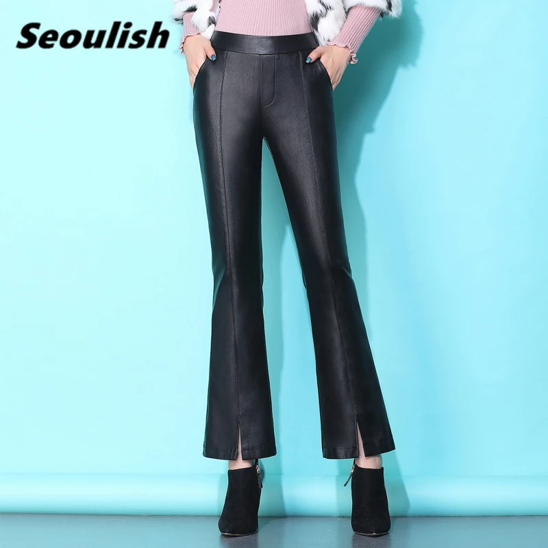 

Seoulish New 2021 Autumn Winter Women PU Leather Flare Pant Elastic Waist Front Split Ankle Length Pant Stretch Skinny Trousers