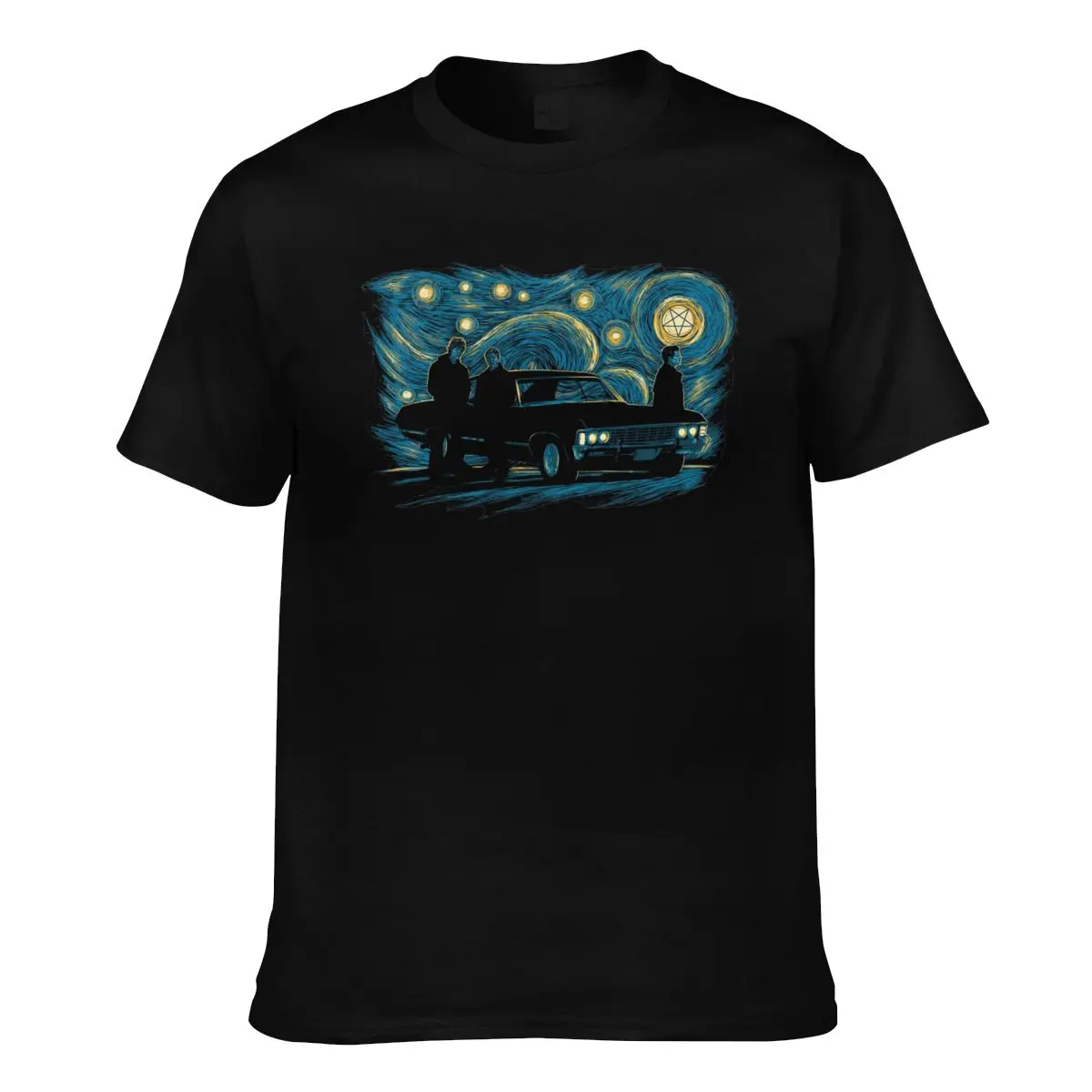 

Starry Supernatural Night Car T Shirt Van Gogh Art Classic 100 Percent Cotton T-Shirt Short Sleeves Graphic Tee Shirt Men