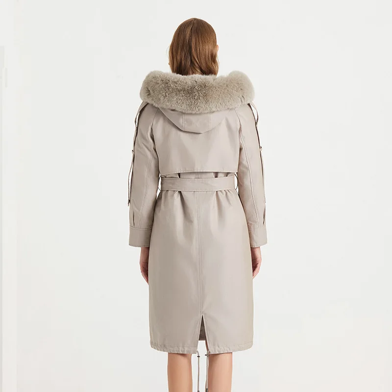 

Warm 2021 Winter Popular Parkas Jacket Full Pelt Rex Rabbit Fur Detachable Liner Hood Big Pockets Slim Clothes Women With Belts