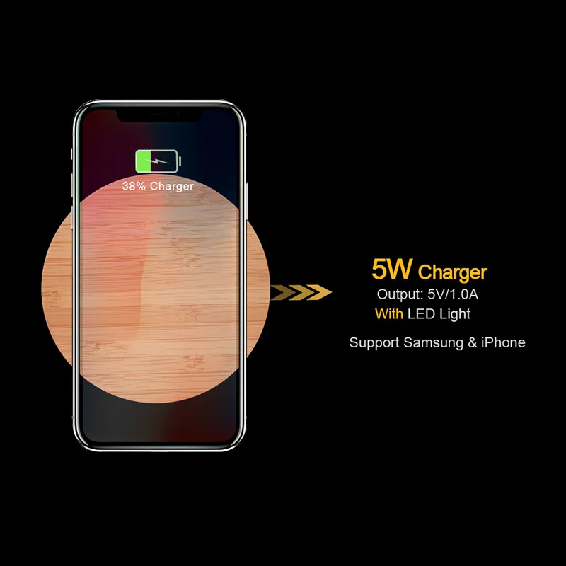 Беспроводное зарядное устройство CinkeyPro Wood с зарядкой 5 Вт для iPhone 8 X Samsung XiaoMi 5V1A