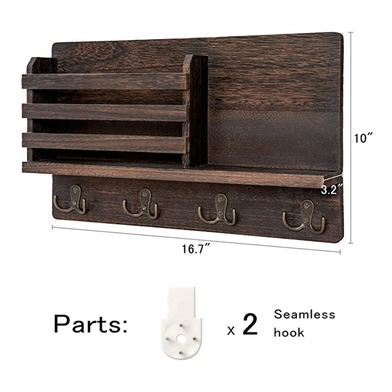

Wall Mounted Mail Holder Wooden Mail Sorter Organizer with 4 Double Key Hooks and a Floating Shelf Rustic Home Decor