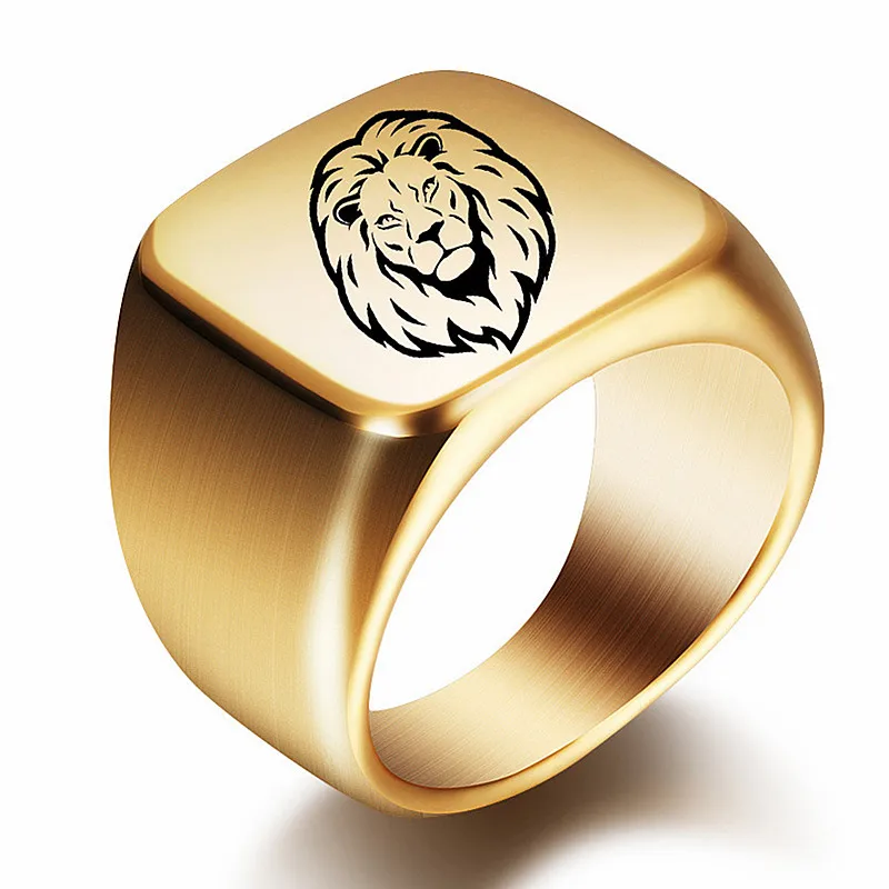 

HNSP Lion Signet Solid Stainless Steel Ring For Men Male Square Punk Style Jewelry