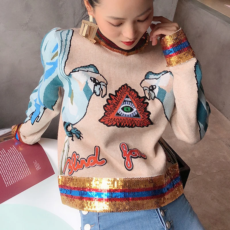 Star same heavy industry Sequin 3D parrot embroidery back zipper knit gold thread long sleeve round neck sweater female B-009 | Женская