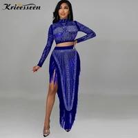kricesseen sexy hot drilling see through skirt set women long sleeve top and tassel maxi skirt suits party clubwear outfits